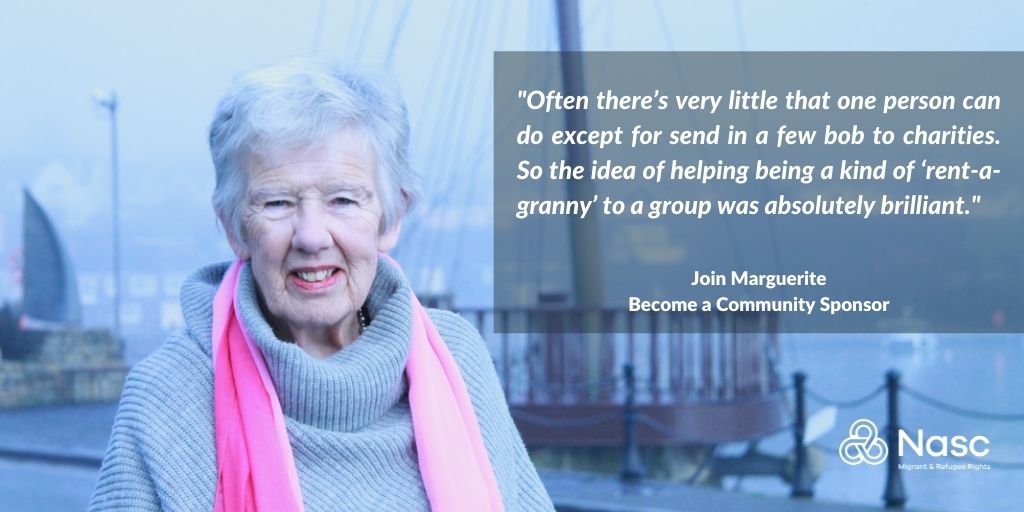 Text against background of woman standing on a foggy pier: "Often there’s very little that one person can do except for send in a few bob to charities. So the idea of helping being a kind of ‘rent-a-granny’ to a group was absolutely brilliant."  